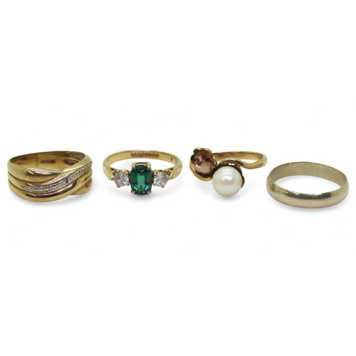 787 - Three 9ct gold rings, green and clear gem ring, size N1/2, pearl ring (one pearl missing) size M, an... 