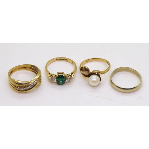 787 - Three 9ct gold rings, green and clear gem ring, size N1/2, pearl ring (one pearl missing) size M, an... 