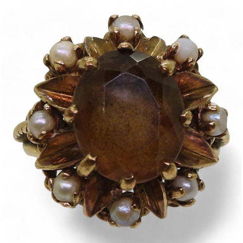 788 - A retro 9ct gold smoky quartz and pearl flower ring, hallmarked London 1964, size L1/2, weight 6.7gm... 