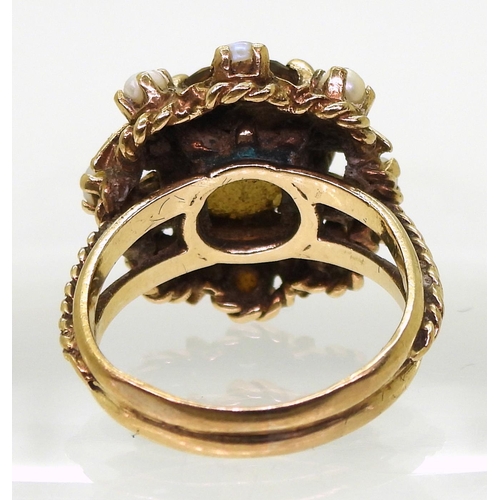 788 - A retro 9ct gold smoky quartz and pearl flower ring, hallmarked London 1964, size L1/2, weight 6.7gm... 