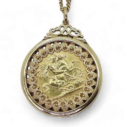 829 - An 1897 half-sovereign mounted in yellow metal, with a 9ct gold chain, weight 15.5gms ... 