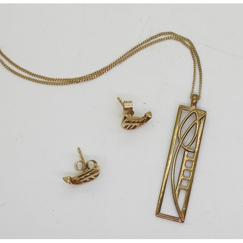 830 - A 9ct gold Mackintosh style pendant with 9ct chain and similar stud earrings, weight 4.8gms