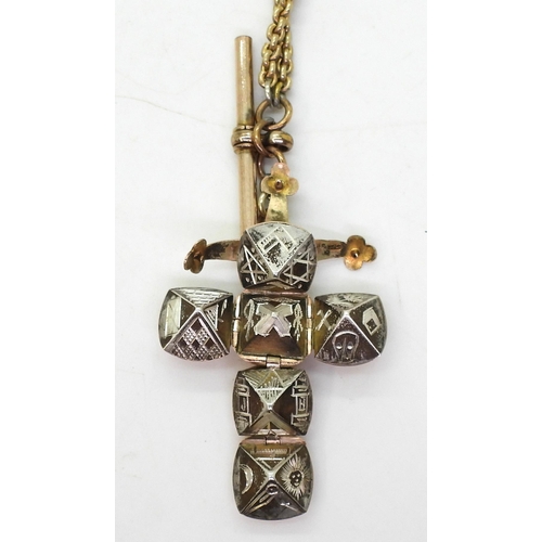 830C - A 9ct rose gold and silver Masonic orb cross pendant, with base metal chain and T-bar, weight combin... 