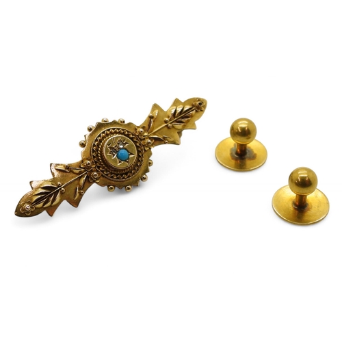 831D - A 15ct Victorian brooch set with turquoise, weight 3.0gms and two 18ct shirt studs, weight together ... 