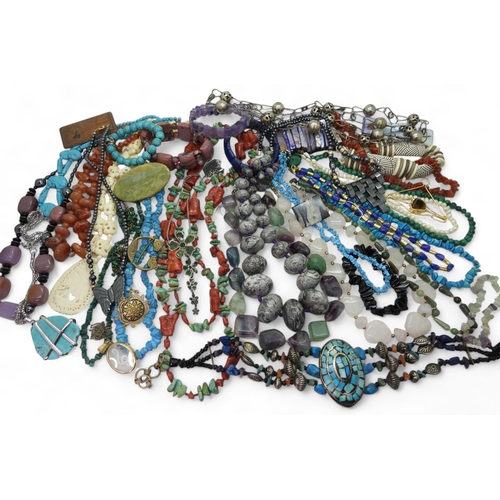 839 - A collection of gemstone beads and costume statement necklaces to include, a turquoise and coral sta... 