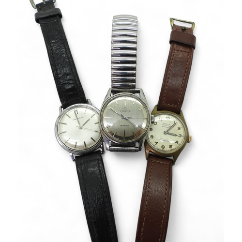 846 - three vintage gents watches, a Tissot Seastar, diameter of case 3.3cm, a Caravelle, diameter of ... 