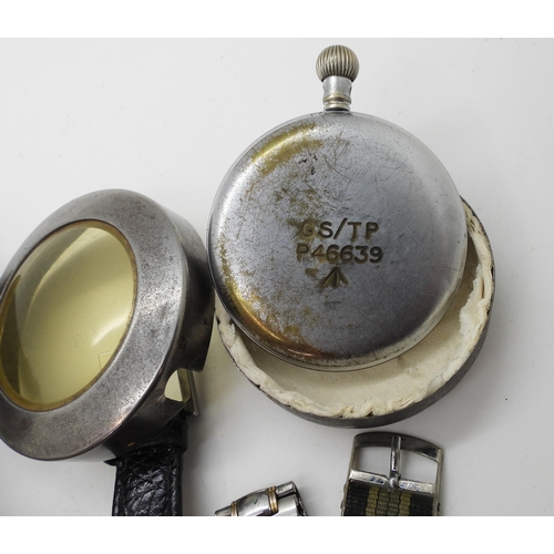 856 - A base metal military pocket watch bears pheon mark and the number P46639, a further collection of f... 