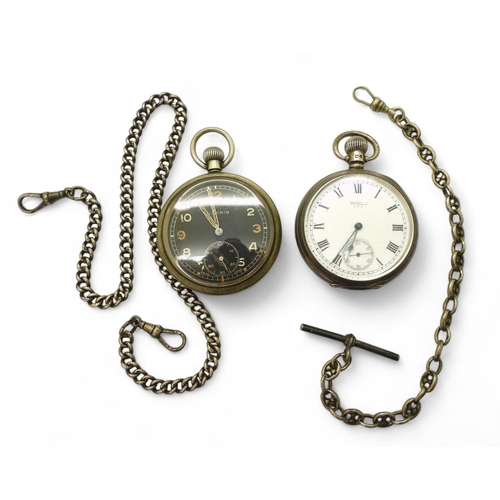 872 - A silver Waltham open face pocket watch hallmarked Birmingham 1924, a base metal Moeris military poc... 