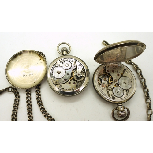 872 - A silver Waltham open face pocket watch hallmarked Birmingham 1924, a base metal Moeris military poc... 