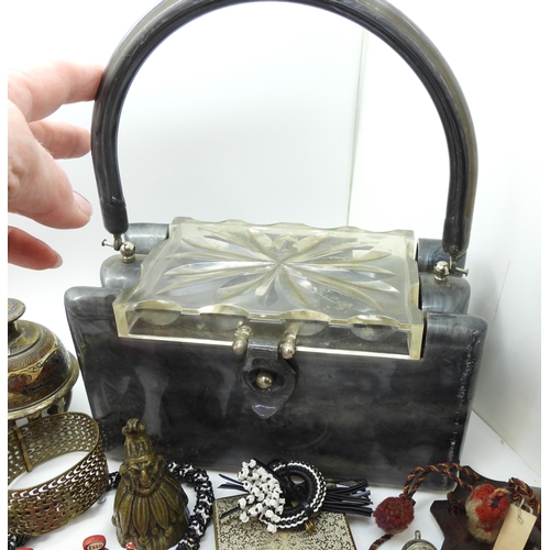 881 - A vintage plastic handbag, a collection of silver Hot Diamonds jewellery, black pearls, a silver Hai... 