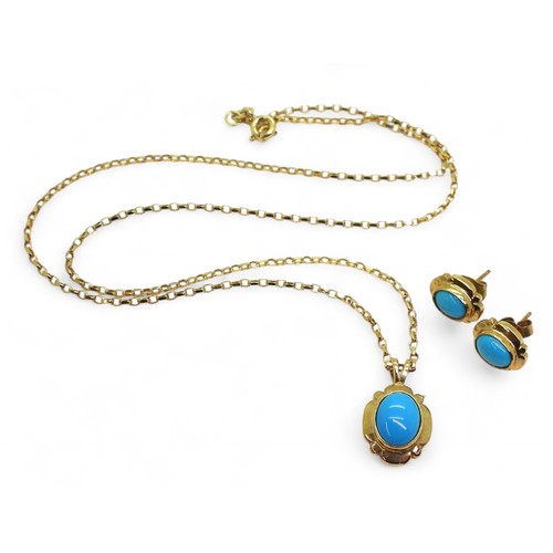 826B - A 9ct gold turquoise cabochon pendant, with a 9ct chain and a pair of 9ct gold matching stud earring... 