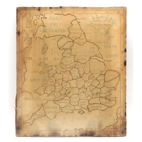 2644 - A GEORGE III NEEDLEWORK MAP SAMPLERWorked by M. Harrison, 1782, showing the counties of England and ... 