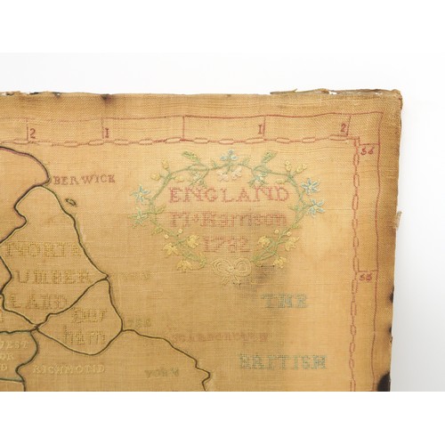 2644 - A GEORGE III NEEDLEWORK MAP SAMPLERWorked by M. Harrison, 1782, showing the counties of England and ... 