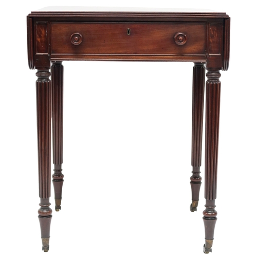 2016 - A 19TH CENTURY MAHOGANY GILLOWS, LANCASTER CHAMBER TABLE drop end top over fitted drawer stampe... 