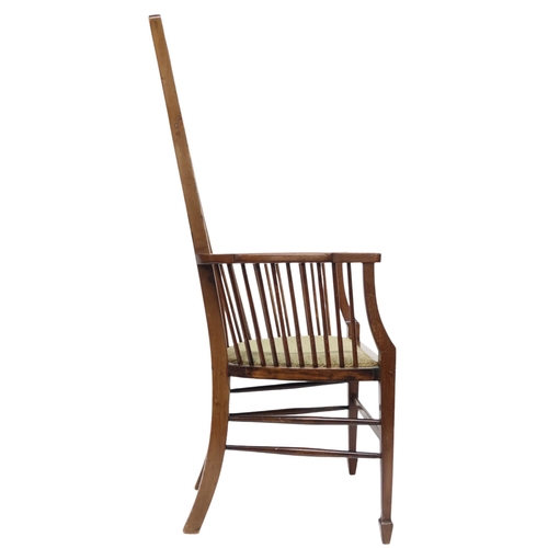 2018 - A 19TH CENTURY MAHOGANY LIBERTY STYLE HIGH BACK HALL CHAIR with stylized shaped backrest over u... 