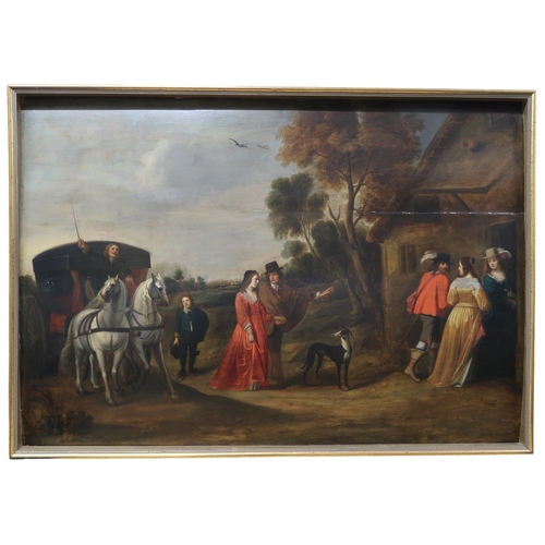 2963 - DUTCH SCHOOL, POSSIBLY 18th CENTURYELEGANT FIGURES AND A COACH BY AN INNOil on panel, 72 x 105cm (28... 