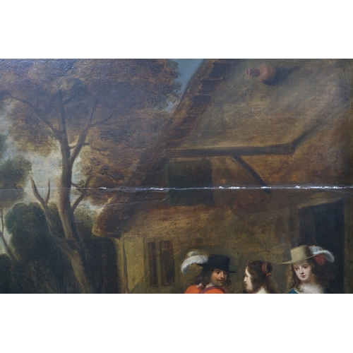 2963 - DUTCH SCHOOL, POSSIBLY 18th CENTURYELEGANT FIGURES AND A COACH BY AN INNOil on panel, 72 x 105cm (28... 