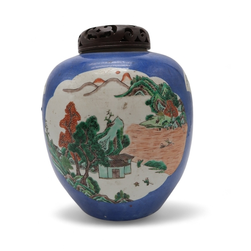 2411 - A CHINESE BLUE GROUND GINGER JAR Painted with landscape panels, exotic birds, flowers and foliage, w... 