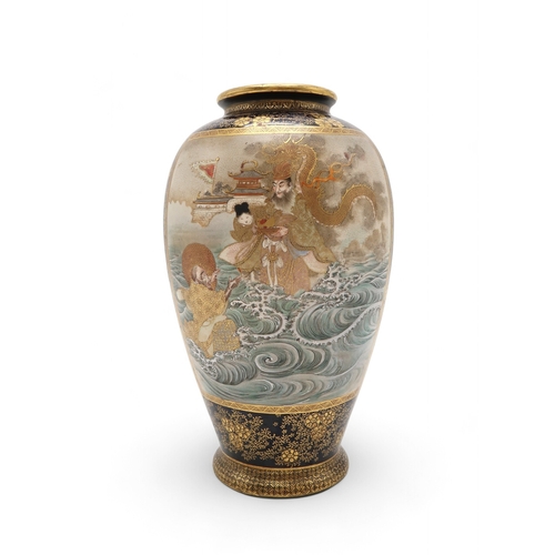 2416 - A SATSUMA BALUSTER VASE Painted with a panel depicting Gods, another with a family group, divided by... 