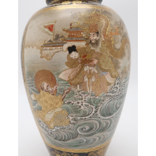 2416 - A SATSUMA BALUSTER VASE Painted with a panel depicting Gods, another with a family group, divided by... 