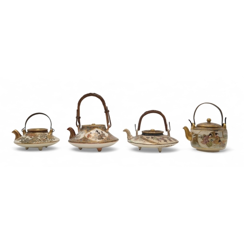 2417 -  A GROUP OF FOUR SATSUMA TEA KETTLES Painted with traditional subjects, smallest, 9cm to 11cm larges... 