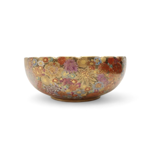 2419 - A SATSUMA MILLEFIORI BOWL Painted all over with dense flowers and foliage, signed and within blue fe... 