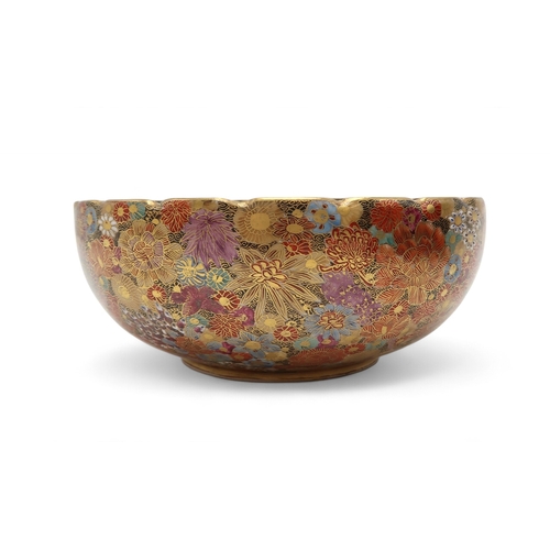 2419 - A SATSUMA MILLEFIORI BOWL Painted all over with dense flowers and foliage, signed and within blue fe... 