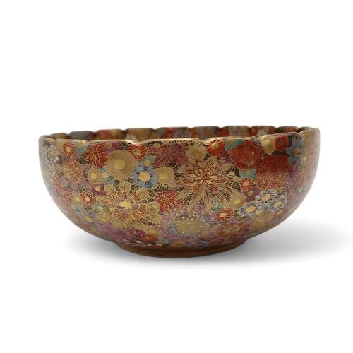 2419 - A SATSUMA MILLEFIORI BOWL Painted all over with dense flowers and foliage, signed and within blue fe... 