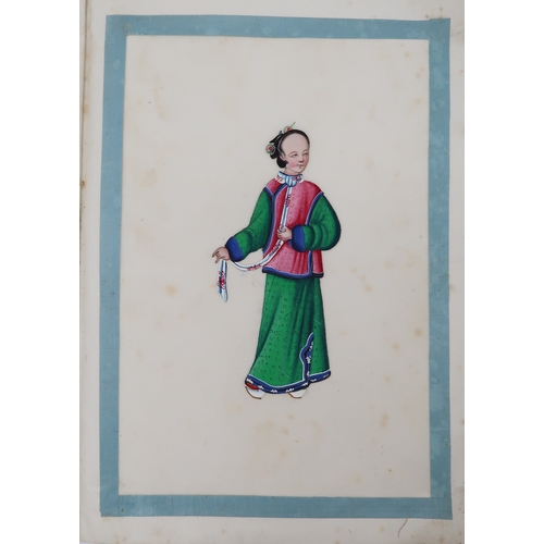 2426 - A CHINESE EXPORT ALBUM Depicting four watercolours on pith paper of boys playing, 7.5 x 10.5cm, and ... 