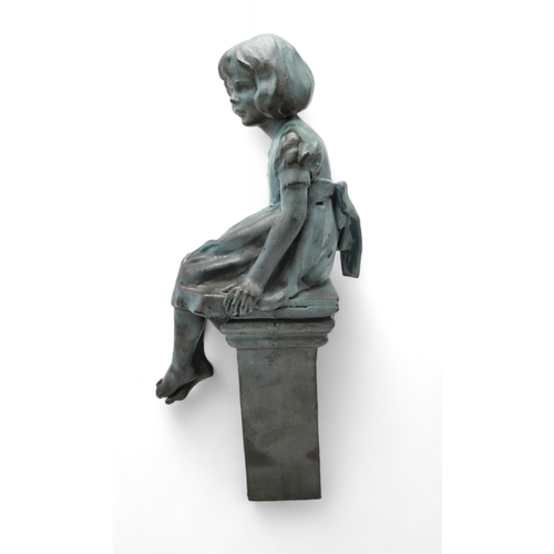 2220 - WALTER AWLSON (SCOTTISH b.1949)A sculpture of a girl in a dress seated in a plinth, blue patinated g... 