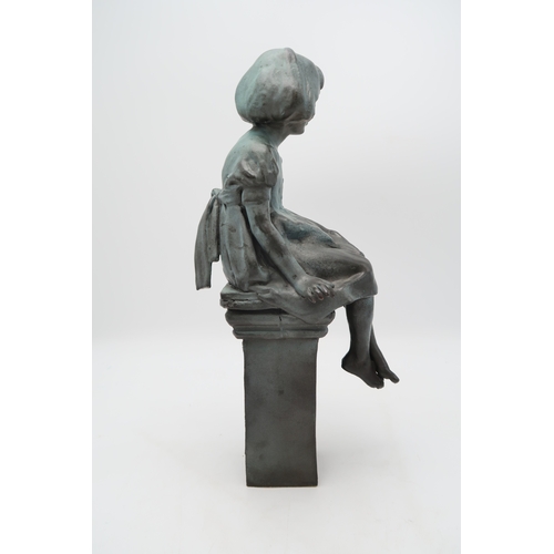 2220 - WALTER AWLSON (SCOTTISH b.1949)A sculpture of a girl in a dress seated in a plinth, blue patinated g... 