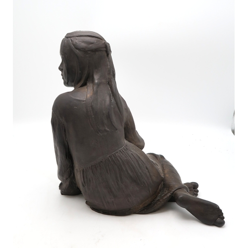 2221 - WALTER AWLSON (SCOTTISH b.1949)A sculpture of a girl in a dress seated on the floor, copper patinate... 