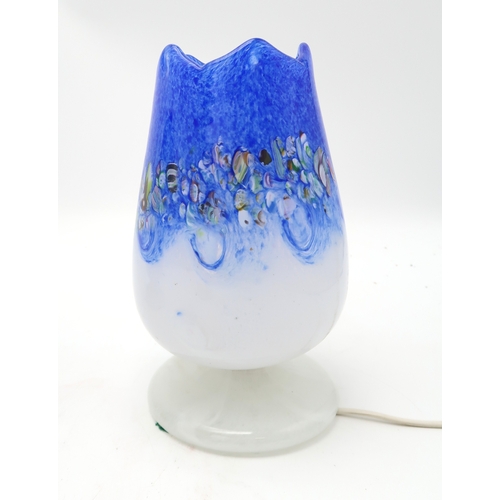 2223 - A PAIR OF SCOTTISH GLASS TULIP LAMPSprobably Vasart, both in mottled blue and white with millefiori ... 