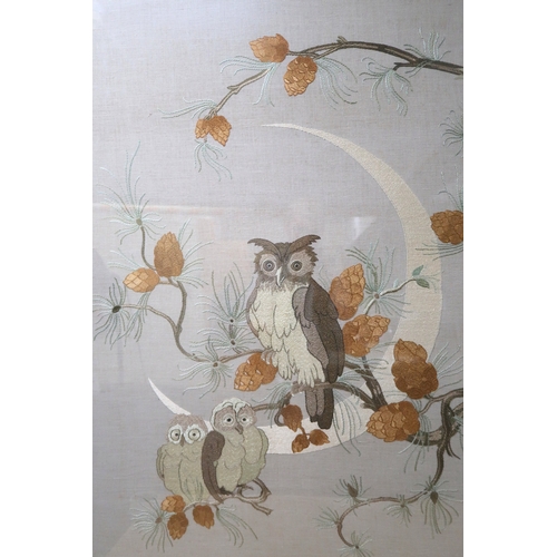 2251 - AN EARLY 20TH CENTURY SILK WORK PANELsewn with a design of an owl and owlets within a pine tree ador... 