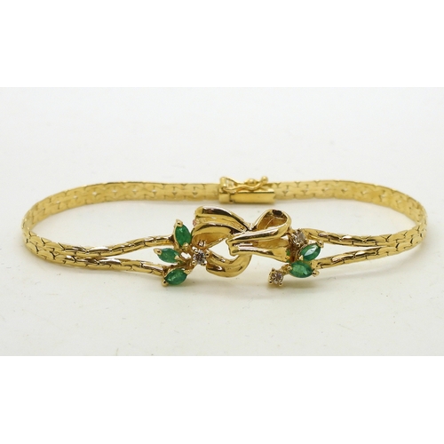 2728 - EMERALD & DIAMOND BRACELETmade in Italy of 14k gold, set with marquis shaped emeralds and brilli... 