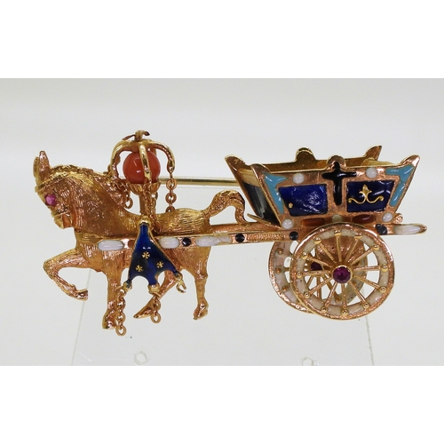 2740 - A HORSE & CART BROOCHmade in 18k gold by Italian brand UnoAErre with enamel detail and further s... 