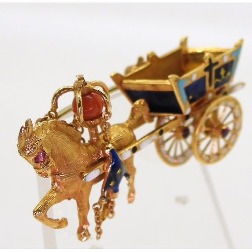 2740 - A HORSE & CART BROOCHmade in 18k gold by Italian brand UnoAErre with enamel detail and further s... 