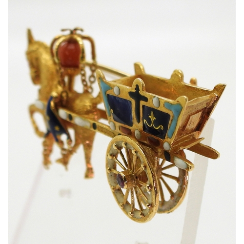 2740 - A HORSE & CART BROOCHmade in 18k gold by Italian brand UnoAErre with enamel detail and further s... 