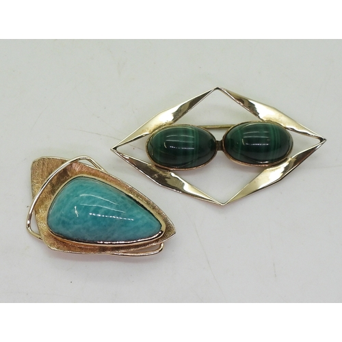 2751 - TWO S. AFRICAN RETRO BROOCHESa 9ct brooch, with engraved texture, set with amazonite, stamped with t... 