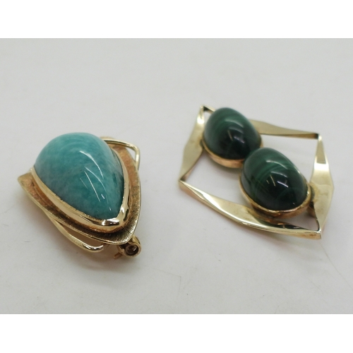 2751 - TWO S. AFRICAN RETRO BROOCHESa 9ct brooch, with engraved texture, set with amazonite, stamped with t... 