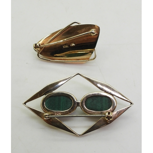 2751 - TWO S. AFRICAN RETRO BROOCHESa 9ct brooch, with engraved texture, set with amazonite, stamped with t... 