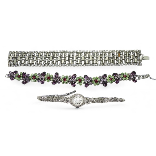 852 - A Norman Hartnell coloured diamante butterfly bracelet, a further diamante bracelet and a Regency ma... 