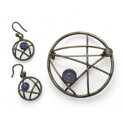 857 - A Swedish silver retro brooch and matching earrings, both set with blue agate, the brooch stamped wi... 