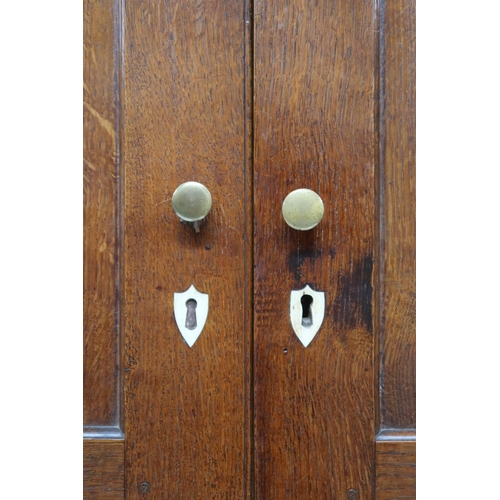 2024 - A LATE 19TH/EARLY 20TH CENTURY OAK LINEN PRESS/WARDROBE with cornice over pair of panelled door... 