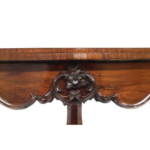 2025 - A 19TH CENTURY STAINED WALNUT FOLDOVER CARD TABLE with rectangular fold over top concealing red... 