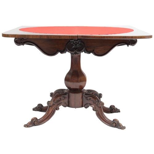 2025 - A 19TH CENTURY STAINED WALNUT FOLDOVER CARD TABLE with rectangular fold over top concealing red... 