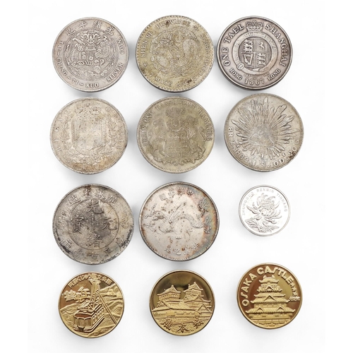 406 - A lot comprising various Mexican and Chinese replica coins and Osaka Castle tokens