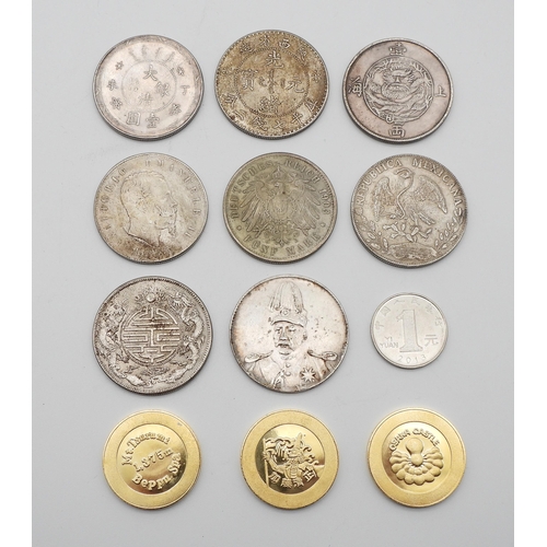 406 - A lot comprising various Mexican and Chinese replica coins and Osaka Castle tokens