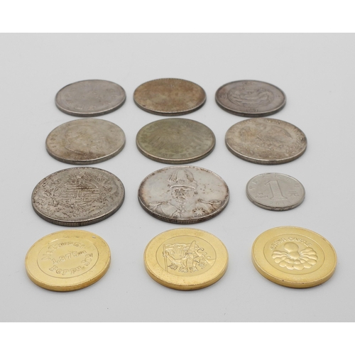 406 - A lot comprising various Mexican and Chinese replica coins and Osaka Castle tokens