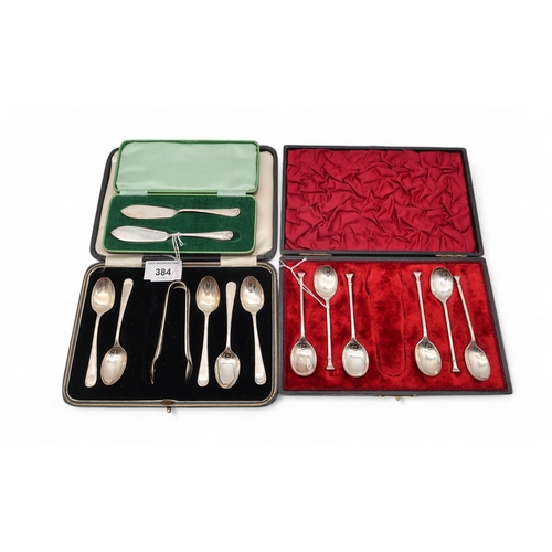 384 - A cased set of silver teaspoons and sugar tongs, by Cooper Brothers & Sons, Sheffield, a cased p... 